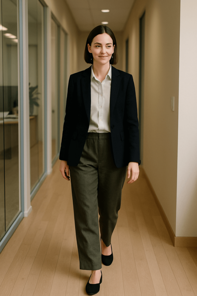 Kobieta w lnianych spodniach i butach w pracy