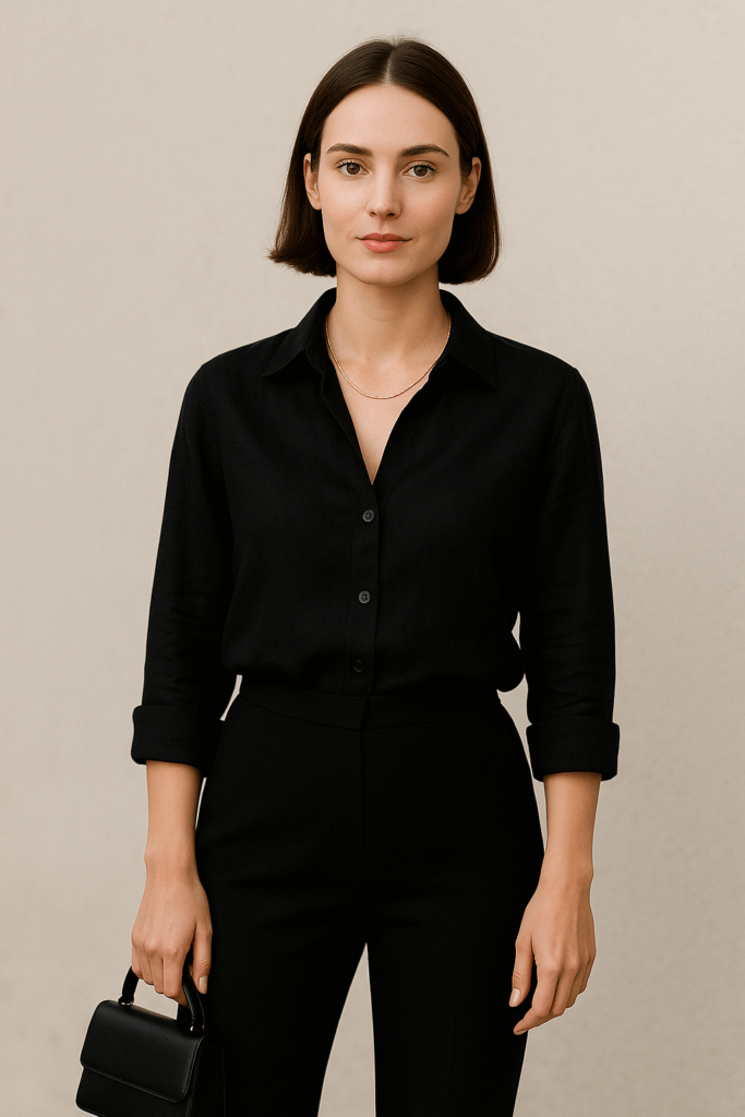 kobieta w lnianej czarnej koszuli stylizacja na wieczór