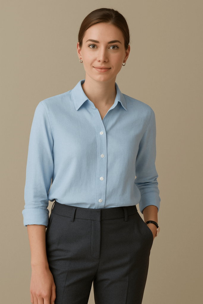 kobieta w lnianej koszuli do pracy