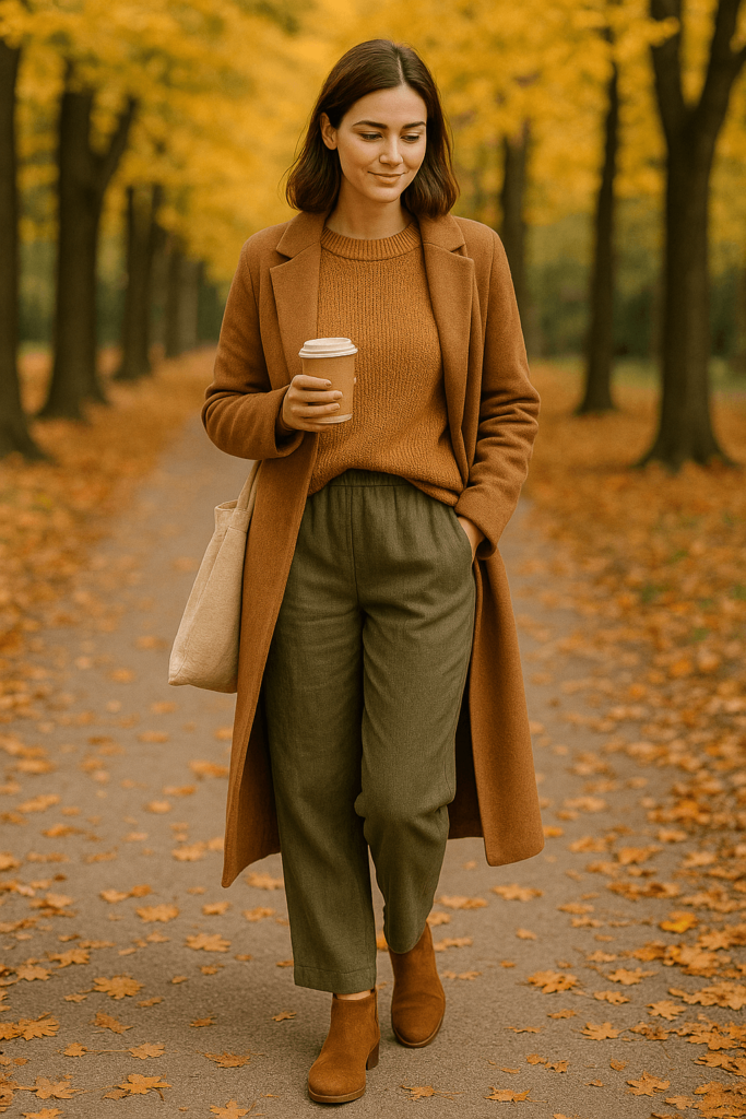 kobieta w lnianych spodniach jesienna stylizacja