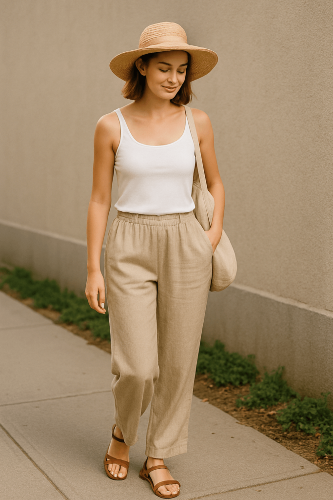 kobieta w spodniach lnianych na lato i kapeluszu